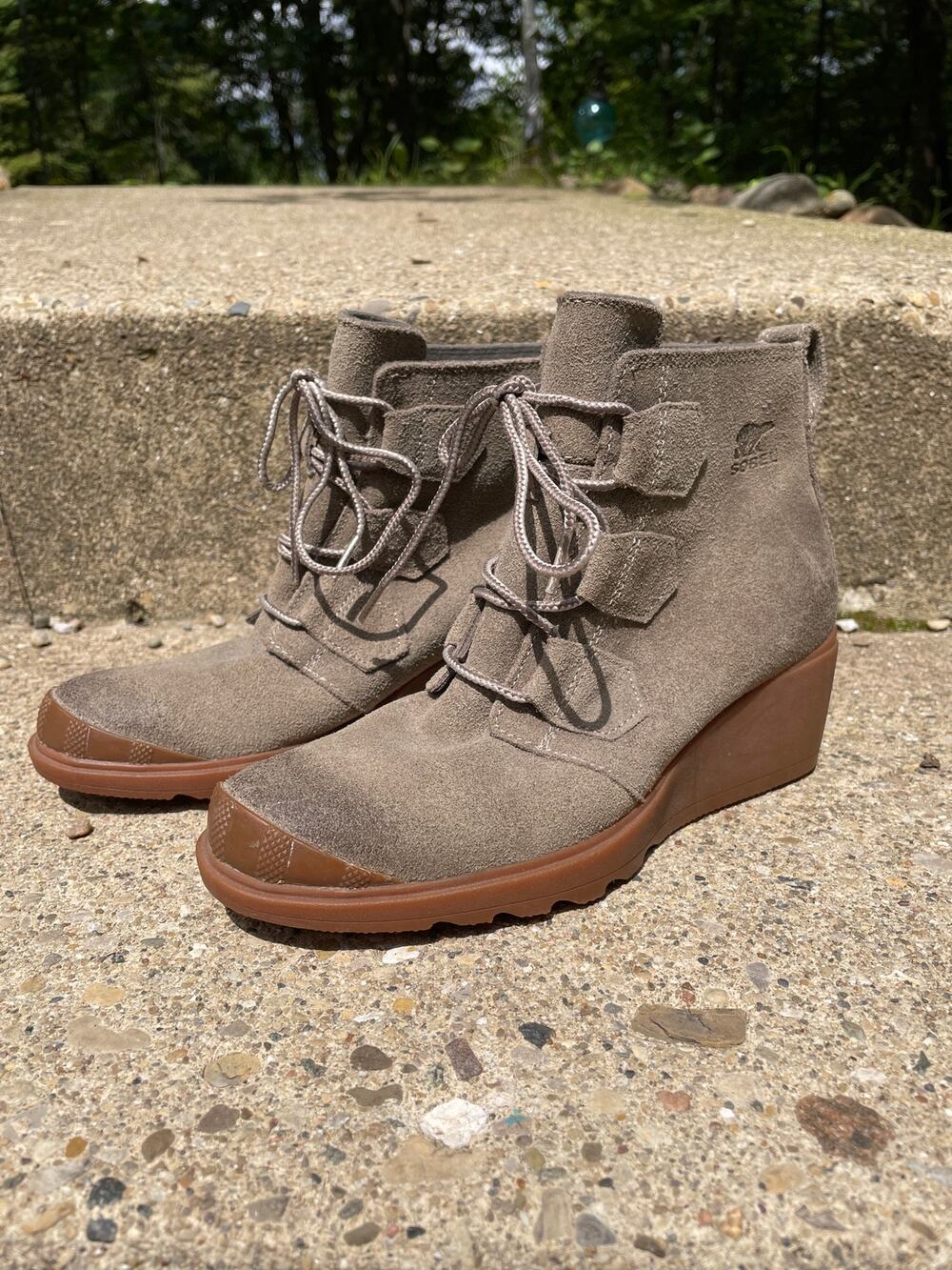 Sorel Toronto Wedge Ankle Boot Sz 7 Suede Olive Gray Lace Up Bootie NL2115-245
